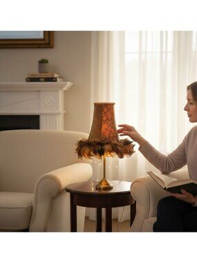 Vintage-Inspired Feathered Table Lamp Shade With Floral & Diamond Textures